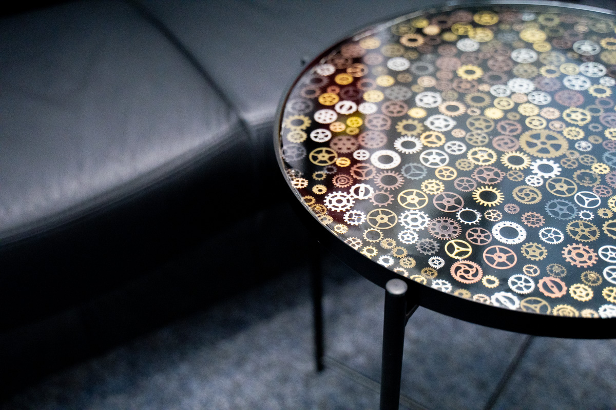 epoxy table with cogwheels